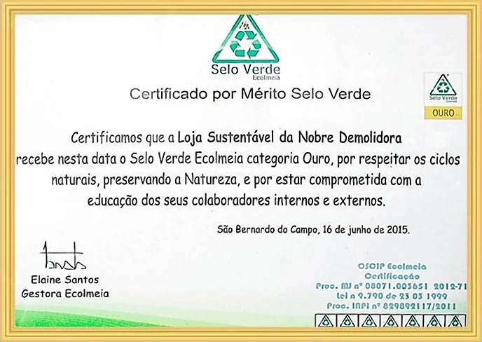 Certificado Loja Sustentável Selo Ecolmeia Categoria Ouro